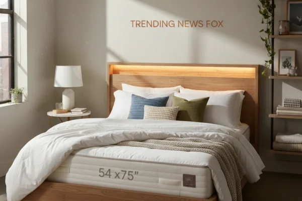 Modern bedroom featuring a 54x75 inch full size mattress with luxury white bedding and wooden bed frame - Trending News Fox Guide 2026
