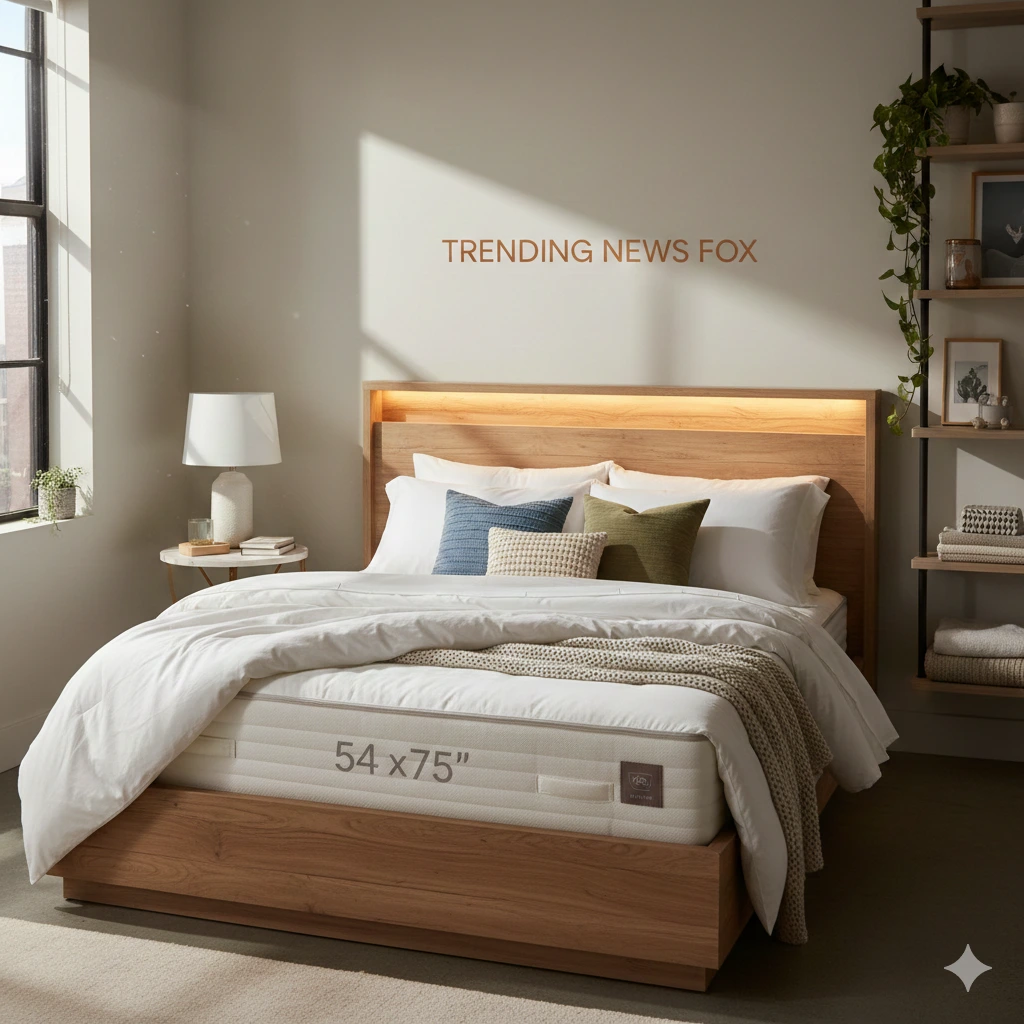Modern bedroom featuring a 54x75 inch full size mattress with luxury white bedding and wooden bed frame - Trending News Fox Guide 2026